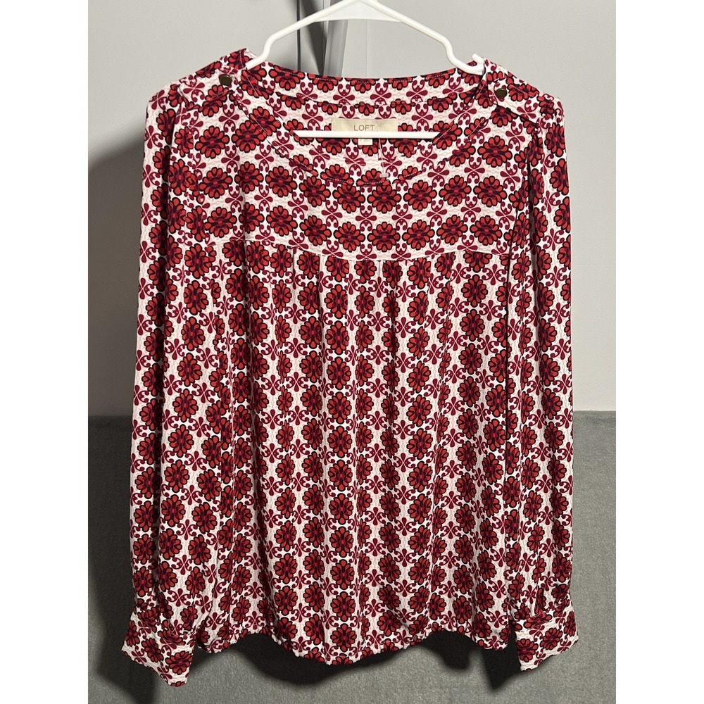 LOFT Women's Small S Red Cream Floral Print Long Sleeve Pullover Blouse Top